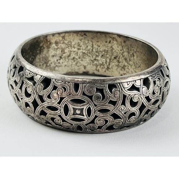 Set 2 Brighton Bangle Bracelets Retired Vintage Scroll Hearts Thick Chunky Silve - Picture 2 of 16